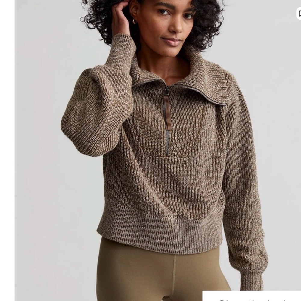 Varley Olive Brown Half-Zip Cowl Knit Sweater